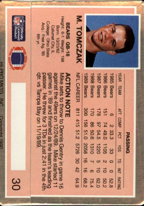 1990 Action Packed 30 Mike Tomczak NM MT Bakersfield Cards