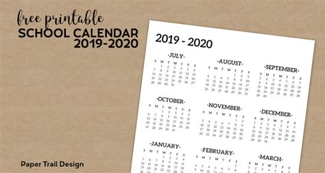 2019 2020 One Page School Calendar Printable Paper Trail