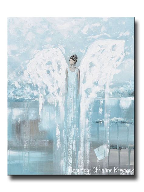 Original Abstract Angel Painting Guardian Angel White Blue Grey