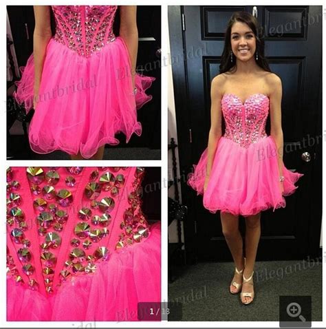 2016 New Arrival Beading Crystals Hot Pink Short Prom Dress Strapless