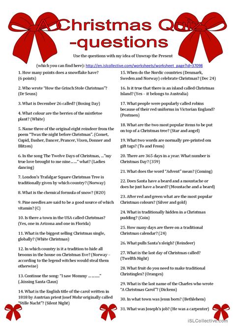 A Christmas Quiz Questions English Esl Worksheets Pdf And Doc