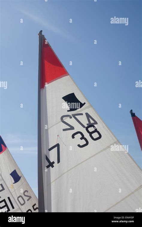 White Sail Of Dinghy With Numbers On It At Emsworth Harbour Stock Photo