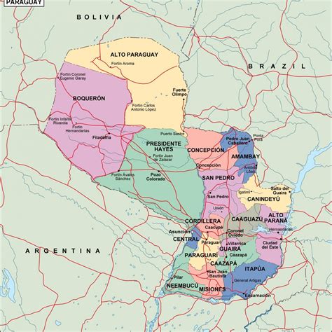 It lies on both banks of the paraguay river, bordering argentina to the south and southwest, brazil to the east and northeast, and bolivia to the northwest. paraguay political map. Eps Illustrator Map | Netmaps ...