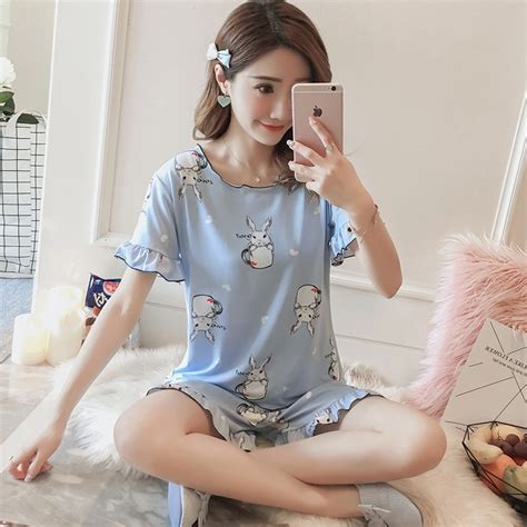 korean short sleeve women cute pajamas japanese kawaii cartoon rabbit print sleepwear casual