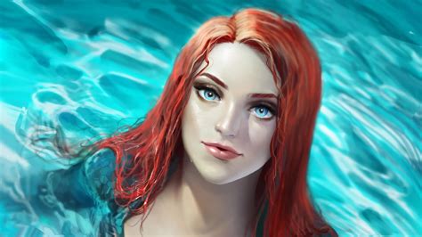Women Redhead Blue Eyes Long Hair Wet Hair Mera Aquaman Artwork