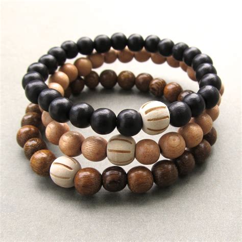 Wooden Beaded Bracelets With Carved Bead Choose Your Colour