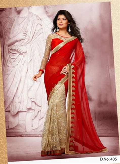 Buy Red Chiffon Net Jacquard Half And Half Saree With Blouse Online