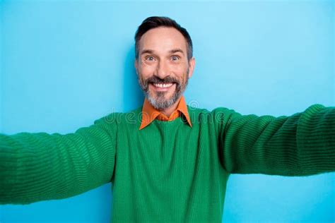 Photo Portrait Of Mature Attractive Male Take Selfie Toothy Beaming