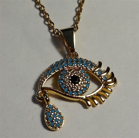 Tear Drop Evil Eye Pendant With Chain 10K Gold Plated Very Intricate