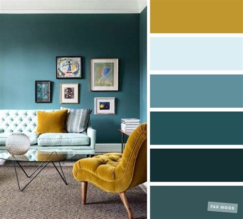 Dark decor where even the ceiling has been painted in this living room. The best living room color schemes - Mustard, Teal and ...