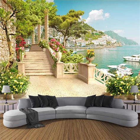 Custom 3d Photo Wallpaper Garden Balcony Stairs Lake View 3d Living