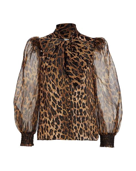 Alice Olivia Silk Brentley Leopard Print Tie Neck Blouse In Spotted Leopard Dark Tan Brown