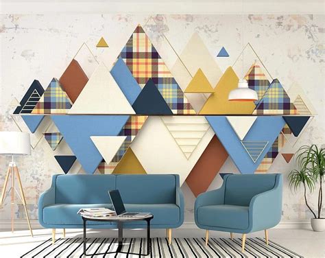 Vintage Abstract Geometric Triangle Art Wall Paint Blue Stereo Mural