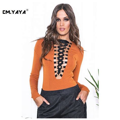 cmyaya 2016 new women sexy spring orange full sleeve lace up v neck short length skinny bodysuit