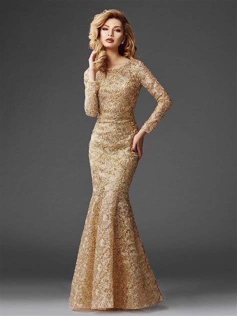 Clarisse M6426 Glamorous Gilded Lace Evening Gown Long Sleeve