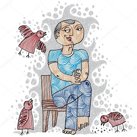 illustration of a kind person sitting on a chair and feeding birds hand drawn premium vector