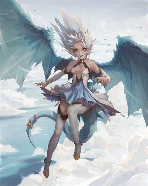 Felix Thirasat Dress Monster Girl No Bra Pointy Ears Tail Thighhighs Wings Yande Re
