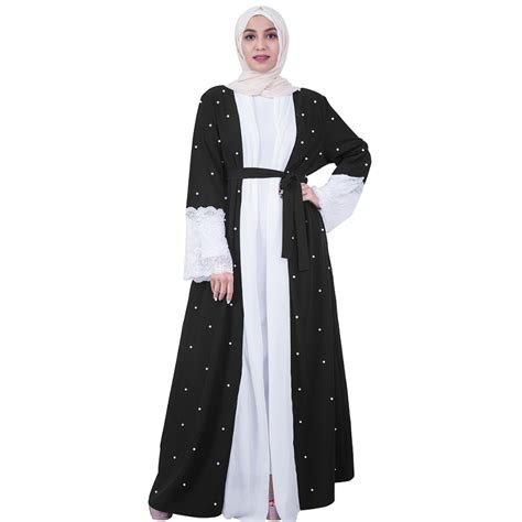 Muslim Cardigan Abaya Dubai Kaftan For Women Pearl Beading Lace Spliced
