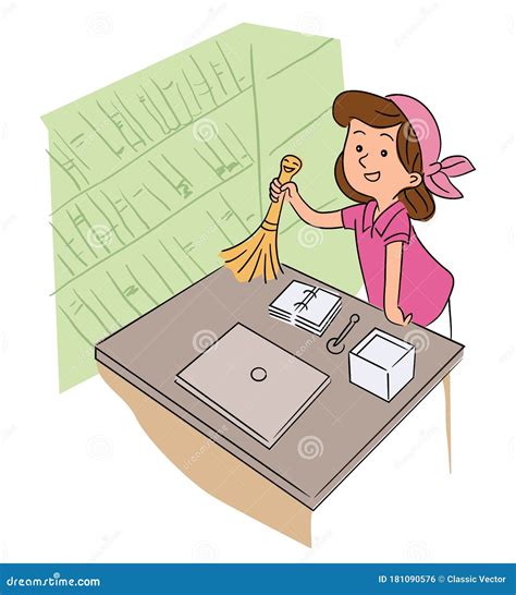 Cute Little Girl Helper Dusting Off Cleaning Table Stock Vector