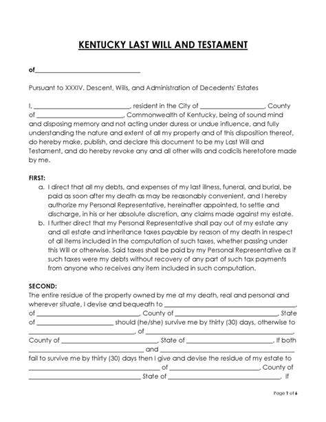 Free Kentucky Last Will And Testament Forms Pdf Word