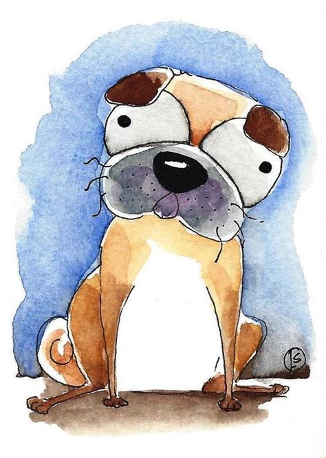 Aceo Original Watercolor Art Painting Whimsical Animal Pug Dog Dinner