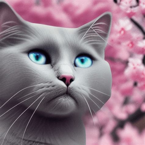 Beautiful Grey Cat Face Sakura Art Close Up · Creative Fabrica