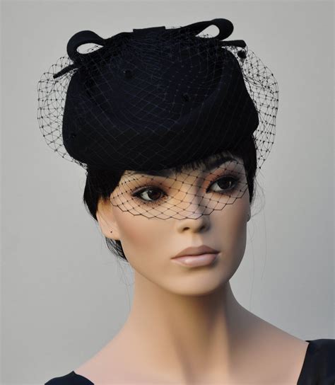 Womens Black Pillbox Hat Black Felt Veil Hat Church Hat Ladies Black Hat Formal Winter Hat
