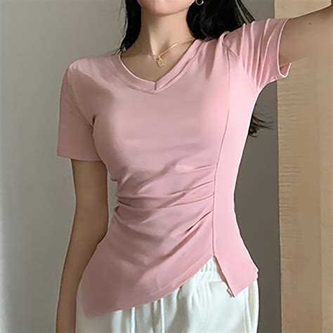 V Neck Basic T Shirt For Women Cotton Short Sleeve Folds Tshirts Summer Korean Woman Clothes