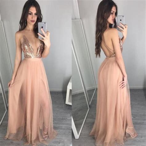 sexy long prom dress deep v neck prom dress sequin popular champagne prom dress with slit