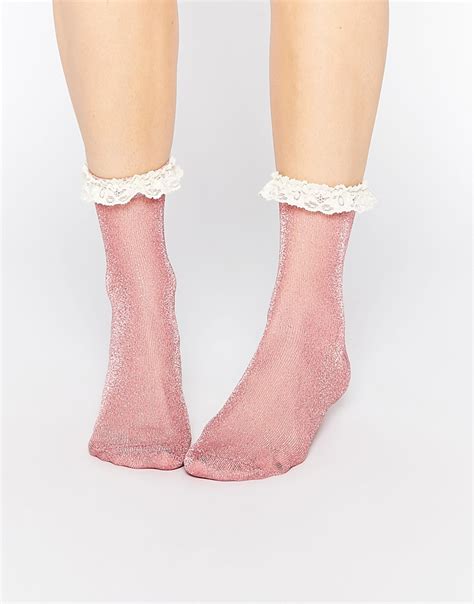 Asos Cotton Glitter Lace Trim Ankle Socks In Pink Lyst