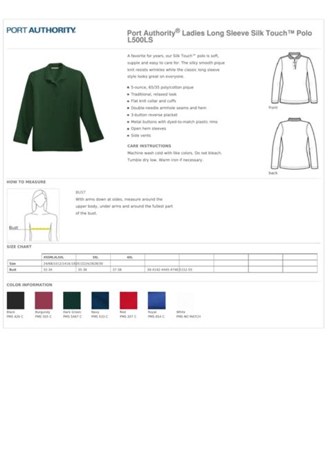 Port Authority Ladies Long Sleeve Silk Touch Polo Size Chart Printable