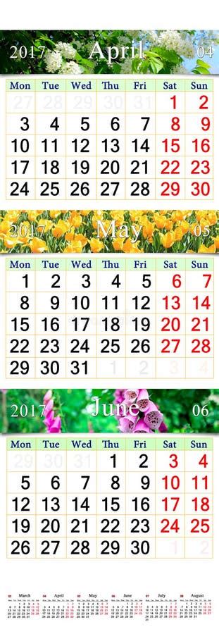 Triple Calendar For April May And June 2017 With Pictures Stock Photo