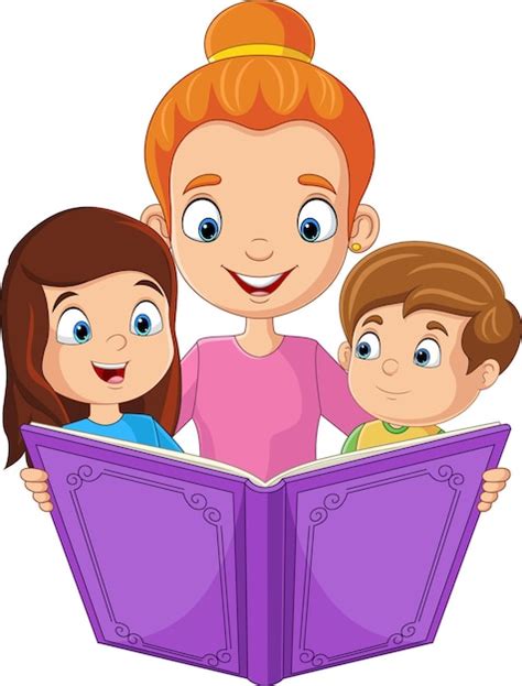 Madre De Dibujos Animados Leyendo Un Libro De Cuentos Con Sus Hijos