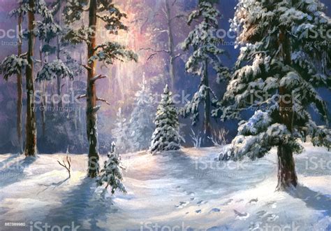 Winter Landscape Oil Painting Stock Illustration