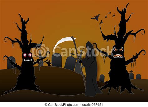 Grim Reaper In Cemetery And Dark Forest Halloween Paper Art Background
