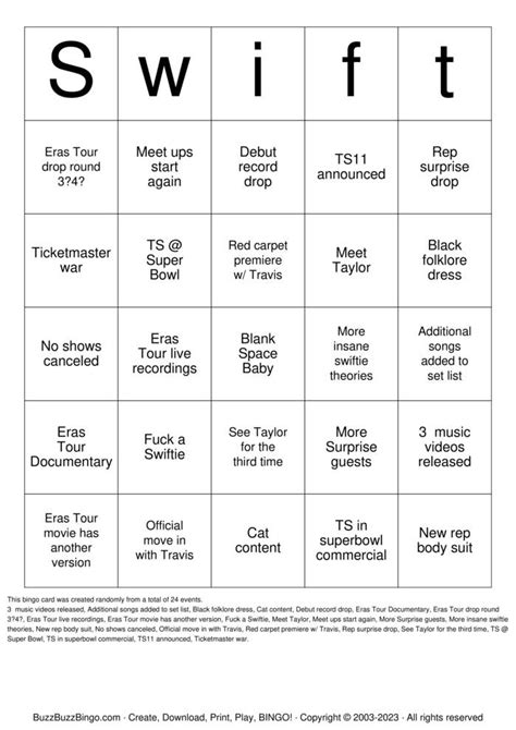 Taylor Swift Bingo Cards To Download Print And Customize