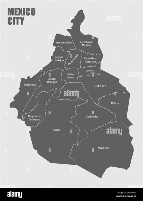 Mexico City Administrative Map Divided In Boroughs With Labels Stock