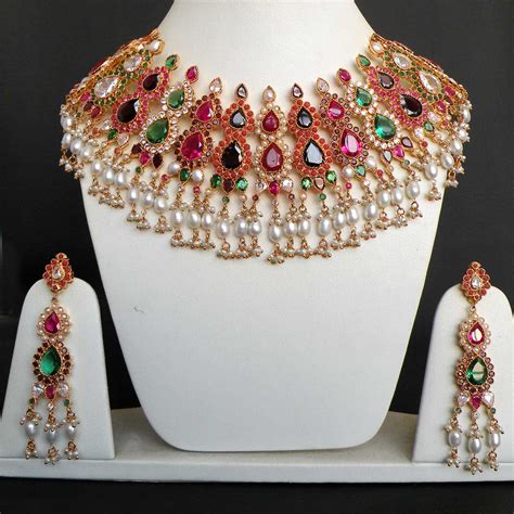 goldplated indian jaipur navratan bridal jewelry emerald ruby pearl necklace set