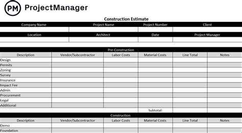 Construction Estimate Template For Excel Free Download