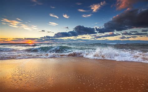 Sunrise Cloudy Weather Waves Red Sandy Beach Beautiful Landscape For