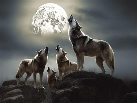 Premium Photo Three Wolves Howling At The Moon