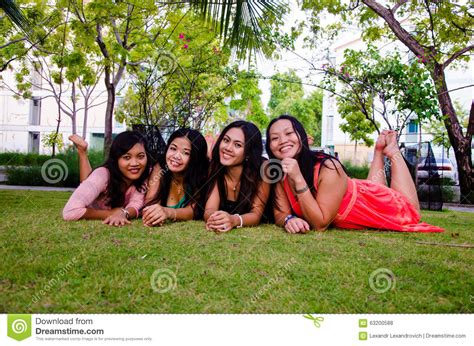 Four Happy Asian Girls Lie Down On Grass Editorial Stock Photo Image