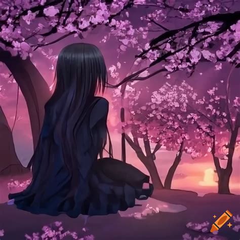 Anime Style Girl Sitting Under Cherry Blossom Tree On Craiyon