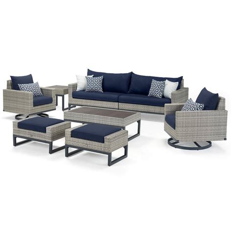 Rst Brands Milo Gray 8 Piece Motion Wicker Patio Seating Set With Navy
