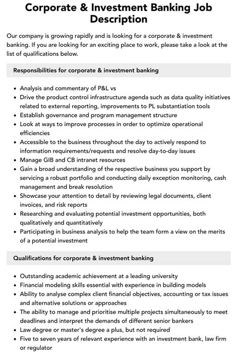 Corporate And Investment Banking Job Description Velvet Jobs