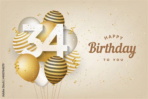 Happy 34th Birthday With Gold Balloons Greeting Card Background 34