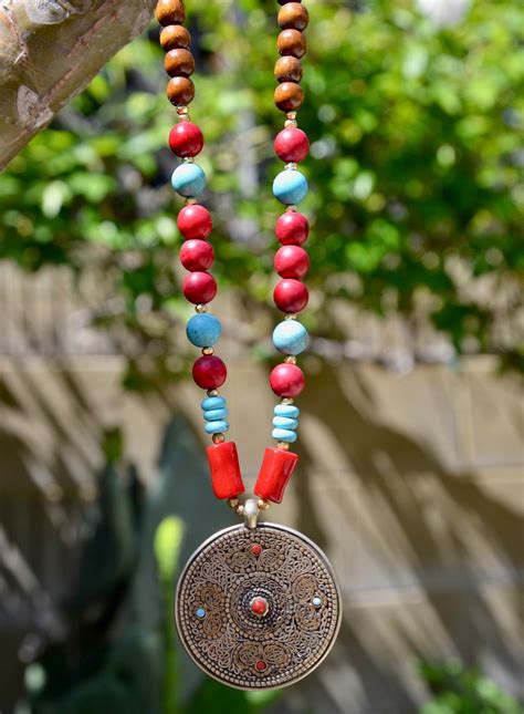 Boho Beautiful Beaded Necklace With Round Tibetan Pendant Etsy