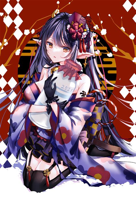 myusha horns japanese clothes no bra open shirt pointy ears stockings tattoo thighhighs