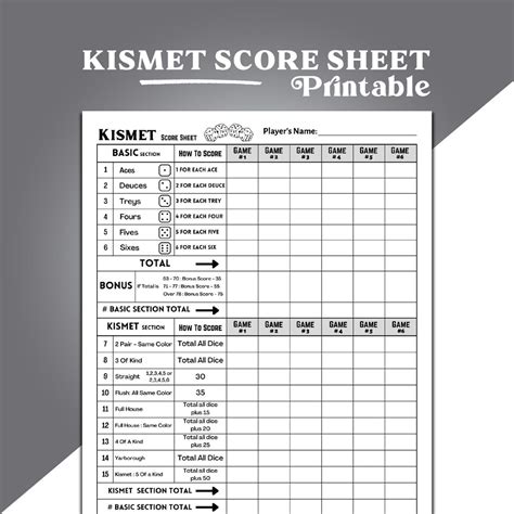 Kismet Score Sheet Kismet Dice Game Score Sheet Printable Kismet