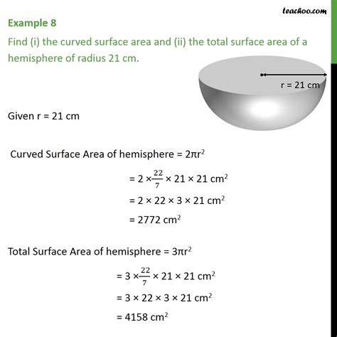 The formula for the volume of a sphere is v = 4/3 πr³. Example 8 - Find (i) the curved surface area and (ii) the